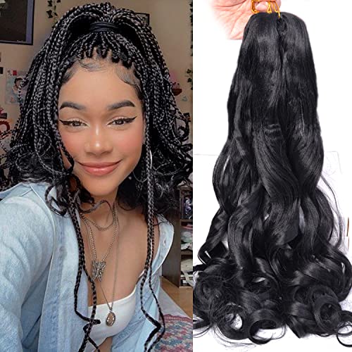 French Curly Braiding Hair 24Inch Loose Wavy 8 Packs #1B Black Bouncy Braiding Hair Extensions 75g/Pack Synthetic French Curl Crochet Hair Extensions（8packs,24Inch)
