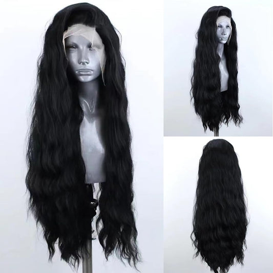 ELESTY 13 * 4 Long Wavy Black Hair Synthetic Lace Front Wigs for Women Loose Curly Natural Hairline Heat Resistant Fiber Lace Front Wigs Water Wave Free Part Glueless Wigs Cosplay Dairly Use 24Inch