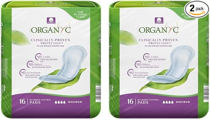 Organyc 100% Organic Cotton Incontinence Pads for Bladder Leaks, FSA/HSA Eligible, Maximum Flow, 16 Count (Pack of 2)