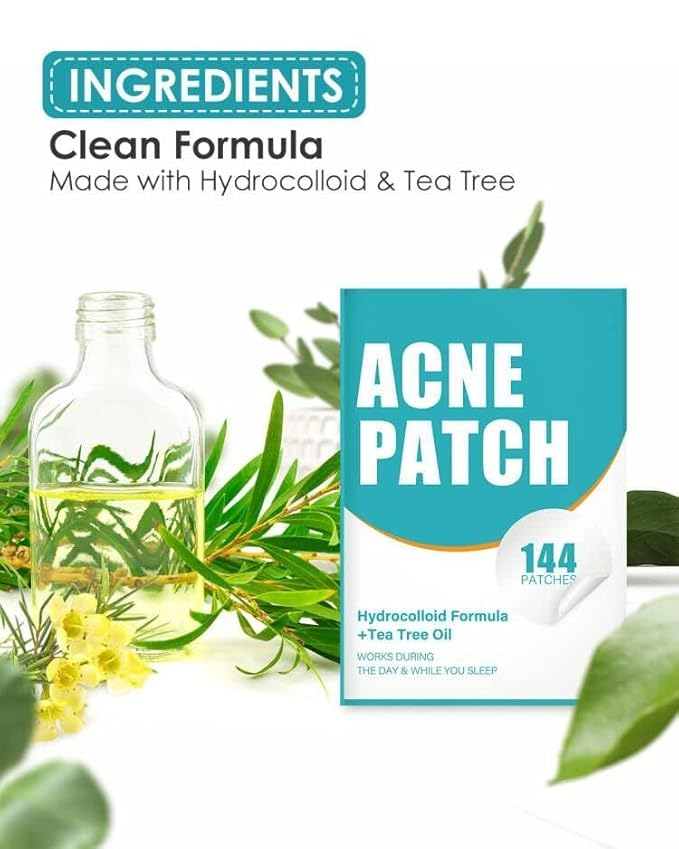 Pimple Patches for Face, Hydrocolloid Acne Patches with Tea Tree Oil for Spot Treatment, Zit Patch, Blemish Cover, Two Sizes, Vegan, Cruelty Free (144 Count (Pack of 1))