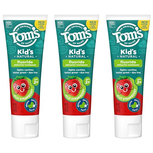 Tom's of Maine ADA Approved Fluoride Kids Toothpaste, Natural Toothpaste, Dye Free, No Artificial Preservatives, Silly Strawberry, 5.1 oz. 3-Pack (Packaging May Vary)
