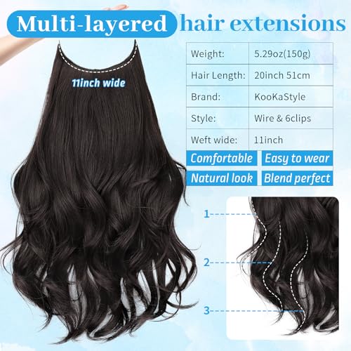 KooKaStyle Invisible Wire Hair Extensions 20‘’ Long Wavy Layered Synthetic Clip in Hair Extensions with Transparent Wire Adjustable Size 6 Secure Clips Dark Brown Thick Hairpieces for Women 20 Inch
