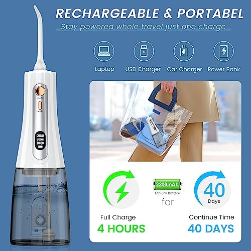 Water Flosser,350ML Water Dental Flosser for Teeth Clean, 5 Modes 6 Jet Tips, LCD Display Cordless Water Flosser, Rechargeable Travel Electric Water Flossers IPX7 Waterproof for Teeth Cleaning