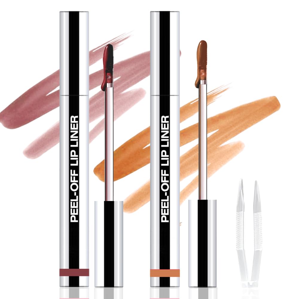 2Pcs Peel Off Matte Liquid Lip Gloss Stain-Lip Liner with Tweezer, Peel Off Lip Stain, Long Lasting & Waterproof Lipstick Tattoo, Transfer-Proof Lip Gloss for All Skin Types (01#+03, 2Pcs)