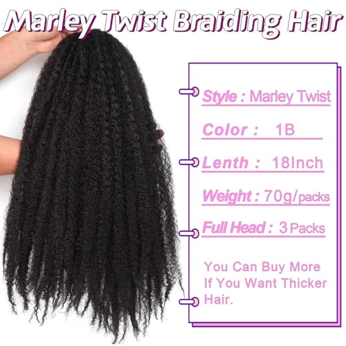 Marley Twist Braiding Hair-18 Inch 90Roots/unfold Soft Marley Twist Hair For Twists 3 Packs Lightweight Cuabn Twist Hair For Black Women (18 Inch 3 Packs, 1B#)