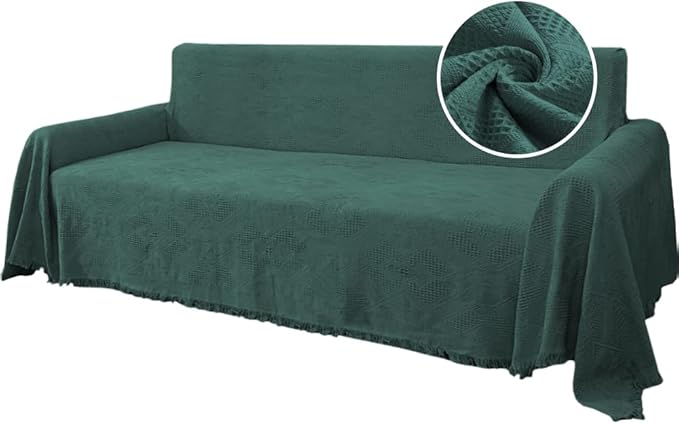 H.VERSAILTEX Cotton Sofa Covers Couch Cover Sofa Slipcover for Most Shape Sofas, Feature Thick Woven Jacquard Seamless with Tassels, Multi-Use Decorative for Couch (X-Large: 71" x 118", Green)
