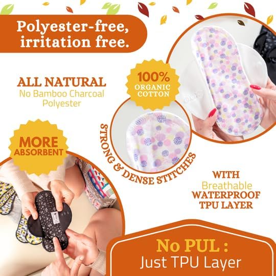Non-Slip Premium Reusable Period Pads for Heavy Flow & Incontinence (L+XL, 6-Pack); High-Temp Organic Cotton Washable Cloth Pads for Women; Non-Irritating Reusable Pad Menstrual for Comfortable Care