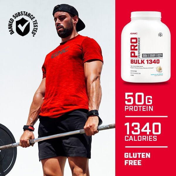 GNC Pro Performance Bulk 1340 Mass Gainer Protein Powder, 50g, Gluten Free, Whey, Creatine, BCAA, 3rd Party Tested, Muscle Recovery & Growth, Micronutrients, Vanilla Ice Cream, 9 Servings