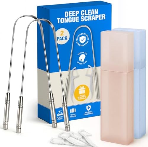 Stainless Tongue Scraper Set for Adults： Easy To Use For Oral Care and Hygiene – Pack Of 2 Stainless Steel Tongue Cleaners, 2 Travel Cases, 4 Floss Picks – Cleaning for Tongue Care & Fresh Breath