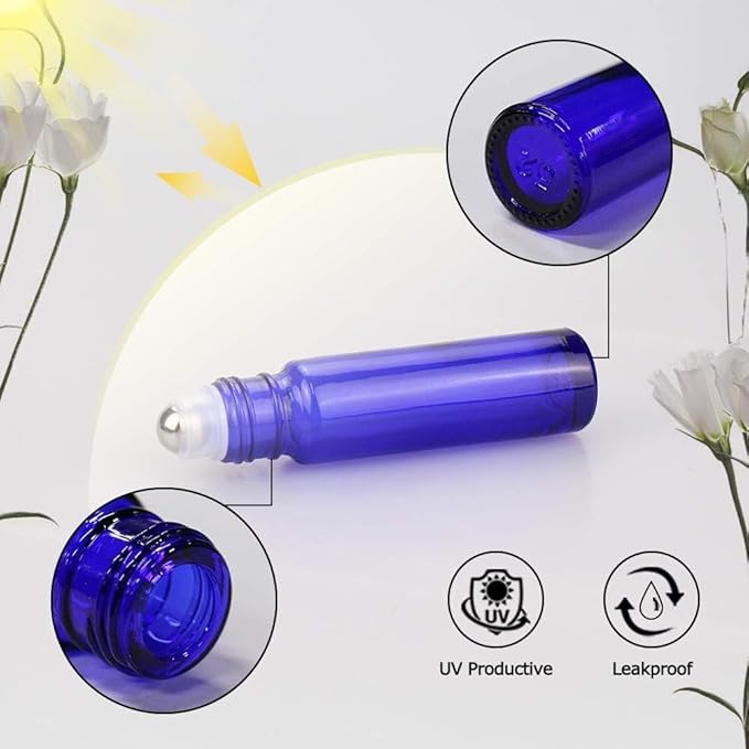 Sungwoo 12 Pack Essential Oil Bottles, 10ml Blue Glass Bottles with Stainless Steel Roller Balls and Caps for Travel, Perfume and Lip Gloss