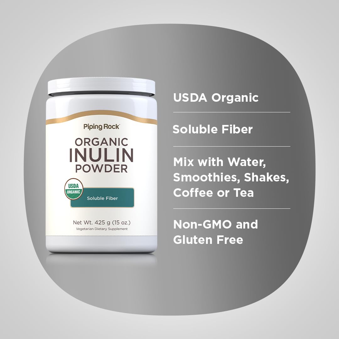 Piping Rock Organic Inulin Powder | 15 oz | Soluble Fiber Supplement | FOS Powder | Vegetarian, Non-GMO, Gluten Free