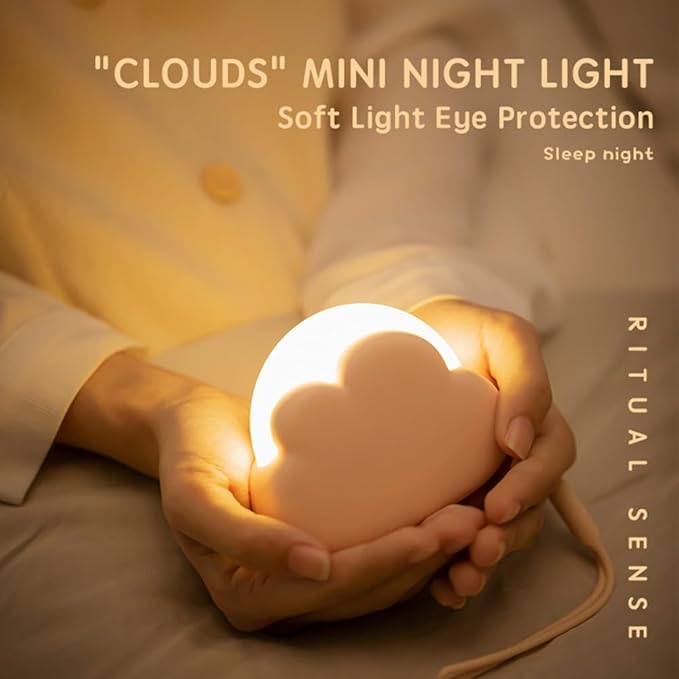 Portable LED Night Light, Cute Cloud Mini Desk Lamp with 4 Working Modes, Rechargeable Kids Night Light for Camping, Bedside Lamp for Bedroom Nightlights [with Wrist Strap] [with USB Cable]