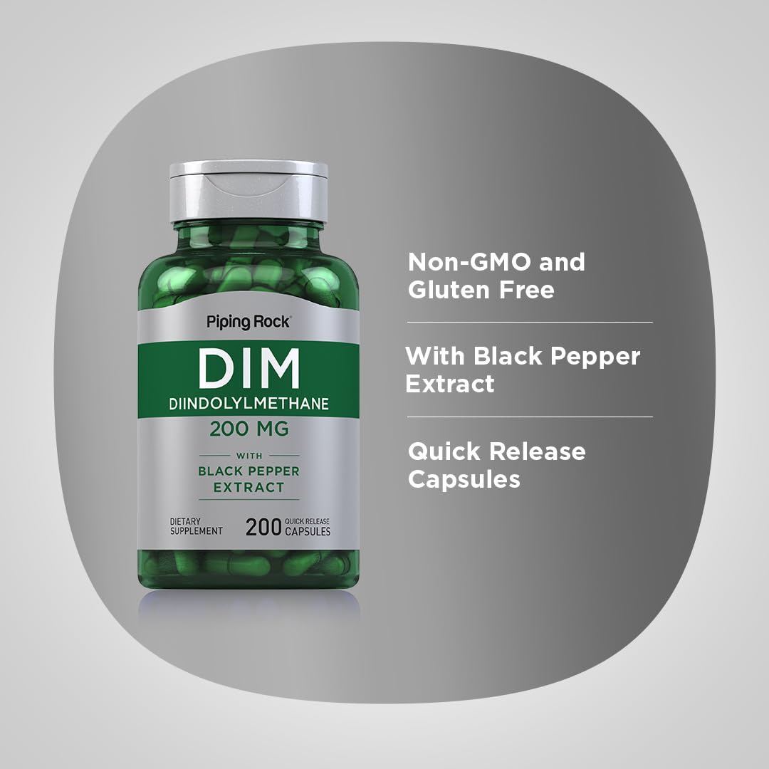 Piping Rock DIM Supplement | 200 mg | 200 Capsules | Diindolylmethane with Black Pepper Extract | Non-GMO & Gluten Free Formula