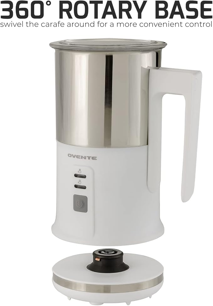 OVENTE Milk Frother Non-Stick Stainless Steel Electric Portable Auto Shut-Off Function, Hot and Cold Foam Perfect Warmer for Coffee Latte Cappuccino Chocolate, White FR1208W