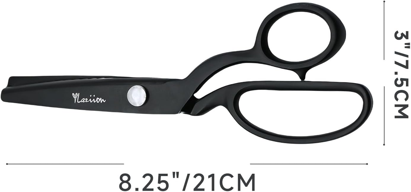 YLaziion 8-Inch Heavy Duty Pinking Shears for Fabric Cutting – 5mm Triangle Tooth Zig Zag Scissors | 100% Black Stainless Steel Sewing Shears for Fabric, Crafts, Lace Wigs, Paper & Quilting