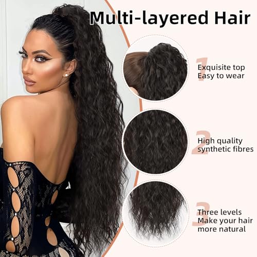 Lommel Ponytail Extension, Claw Clip Ponytail Extension for Women Long Wavy Pony Tails Hair Extensions Fluffy Natural Looking Synthetic 26 Inch Clip in Ponytail Hairpiece for Daily Use (Brown Black)