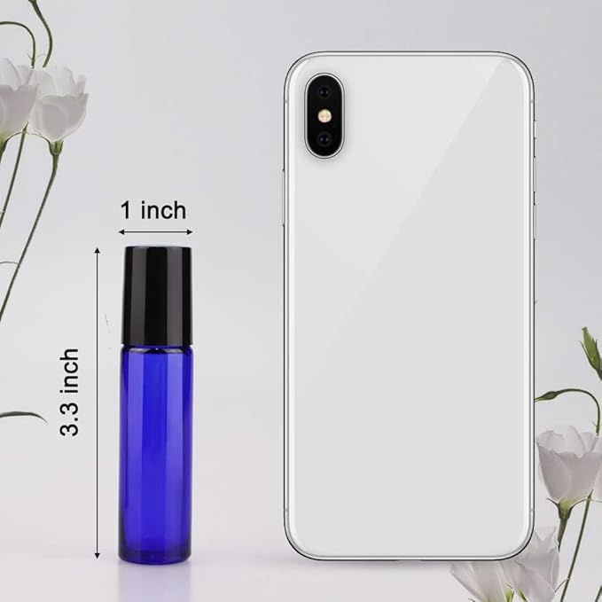 sungwoo 25 Pack Essential Oil Roller Bottles, 10ml Blue Glass Roller Bottles with Stainless Steel Roller Balls and Caps for Travel, Perfume and Lip Gloss