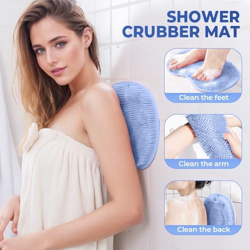 Shower Foot Scrubber Mat with Non-Slip Suction Cups, Foot and Back Cleaning Pad, Silicone Exfoliating Pad, Anti-Slip Bathroom Shower Foot Pad with Suction Cups and Drainage Holes (Blue)