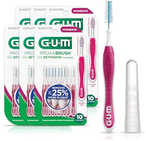GUM Proxabrush Go-Betweens - Moderate - Interdental Brushes - Soft Bristled Dental Picks for Plaque Removal Health - Safe for Braces & Dental Devices, 10ct (Pack of 6)