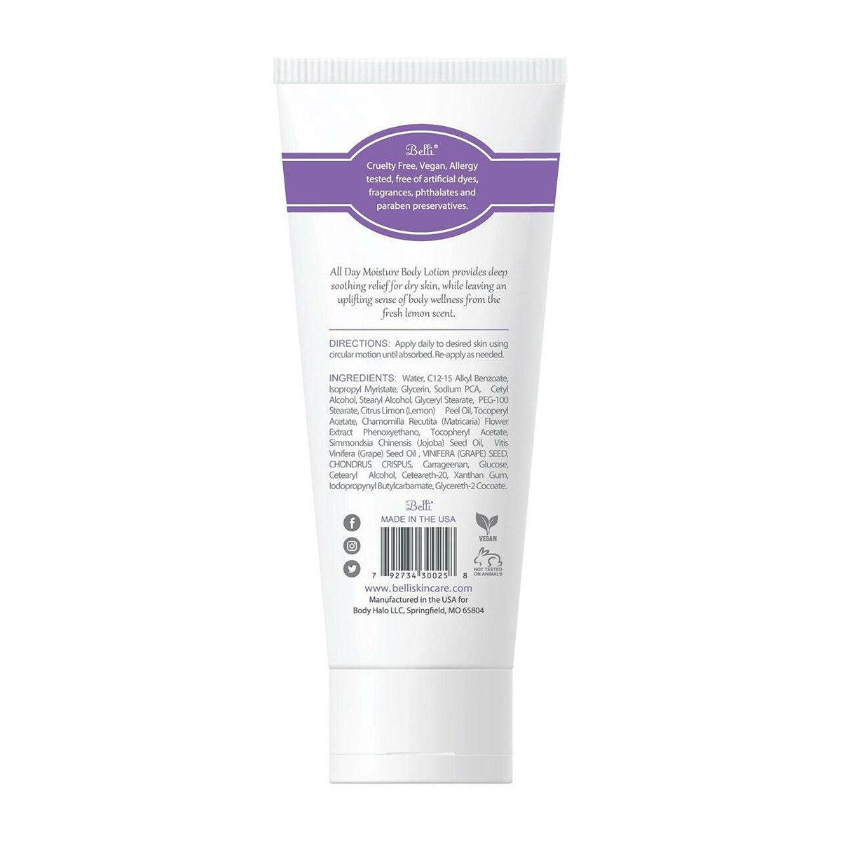 Belli Skincare All Day Moisturizer Body Lotion for All Skin Type, Comforts Dry Skin, Long Lasting & Hydrating, Pregnancy Safe, Vegan based, Chemical Free, 6.5 Oz