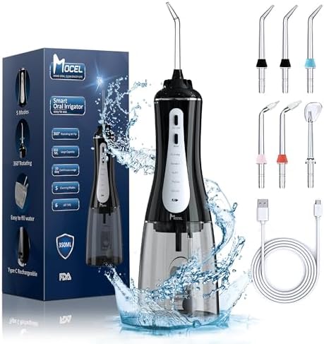 Water Dental Flosser Oral Irrigator with 5 Modes, 350ml Cordless Water Teeth Cleaner Pick 6 Tips, IPX7 Waterproof Rechargeable Portable Powerful Battery for Travel & Home Braces & Bridges Care