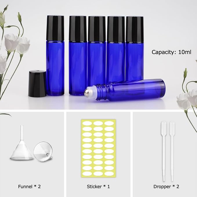 sungwoo 25 Pack Essential Oil Roller Bottles, 10ml Blue Glass Roller Bottles with Stainless Steel Roller Balls and Caps for Travel, Perfume and Lip Gloss