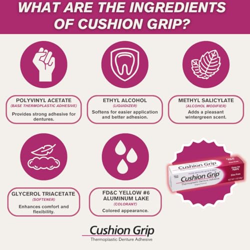 Cushion Grip Thermoplastic Denture Adhesive, 0.35 oz Travel Size (Pack of 3) | Refits and Tightens Loose Dentures On The Go | Non-Glue Adhesive, Acts Like a Soft Reliner