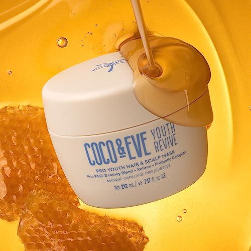 Coco & Eve Pro Youth Hair & Scalp Mask. Anti-aging, strength, shine, volume. Regulate dandruff. With honey, retinol for youthful hydrated hair.