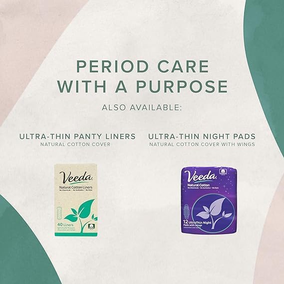 Veeda Ultra-Thin Absorbent Day Pads with 100% Natural Cotton Top Sheet are Always Chlorine and Fragrance Free, Hypoallergenic, Sanitary Napkins, 14 Count
