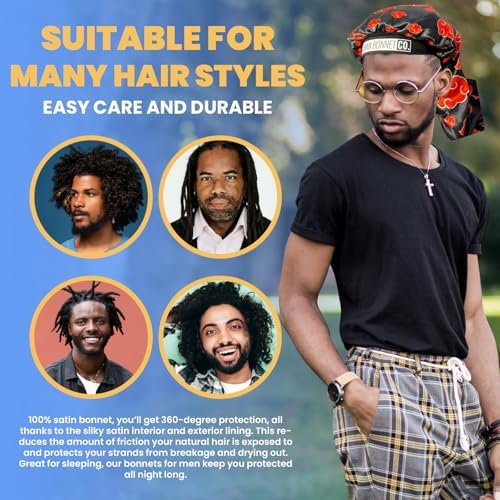 Premium Non Slip Satin Bonnet for Men Curly Hair, Dreadlock Loc Cap Silk Double Layer Sleeping & Shower Wrap Anime Soft Band