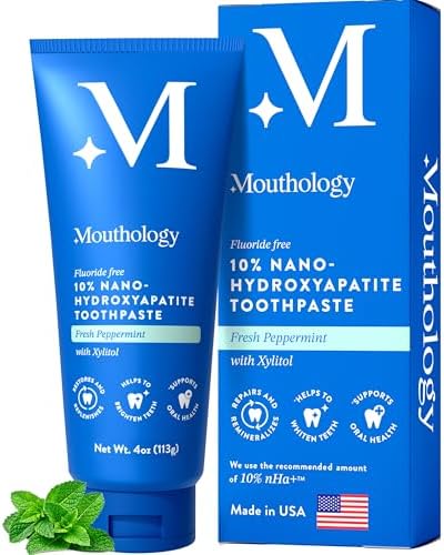 Mouthology 10% Nano Hydroxyapatite Toothpaste (Fluoride Free), Whitening, Remineralizing, Natural, Sensitive Teeth, SLS Free, Xylitol Nano-Hydroxyapatite Toothpaste for Adults, Mint 4oz (USA Made)