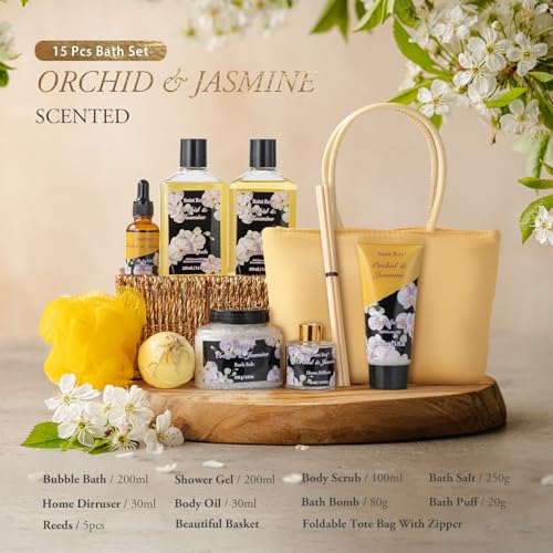 Mother's Day Gift for Mom Bath and Body Gift Basket Orchid & Jasmine Spa Gift Baskets for Women Fragrant Body Lotions, Bath Bomb, Home Spa Gift Basket Rich in Jojoba oil & Shea Butter, Bath Kit Sets