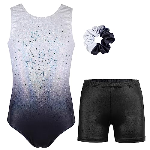 MODAFANS Leotards for Girls Gymnastics with Shorts Ballet Dance Set Athletic Leotards with Hair Scrunchie Black Stars,4-5Years