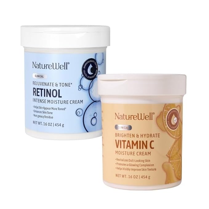 NATURE WELL Clinical Retinol & Vitamin C Moisturizing Cream Skincare Bundle for Face, Body, & Hands, Anti-Aging, Hydrating, Non-Greasy