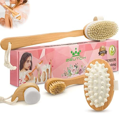 Premium Dry Brushing Body Brush Set for Lymphatic Drainage and Cellulite Treatment, Boar Bristle Long Handle Face Cleansing Brush for A Glowing Skin, 5 Pack