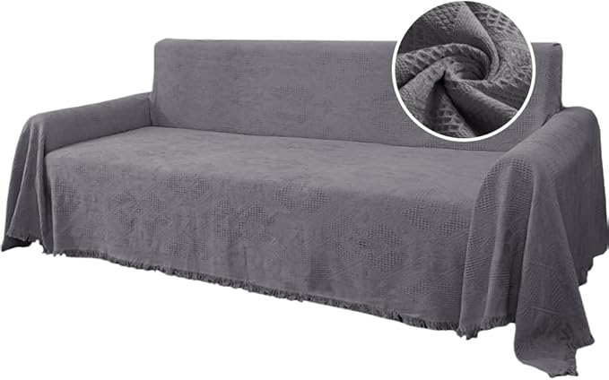 H.VERSAILTEX Cotton Sofa Covers Couch Cover Sofa Slipcover for Most Shape Sofas, Feature Thick Woven Jacquard Seamless with Tassels, Multi-Use Decorative for Couch (XX-Large: 91" x 134", Grey)
