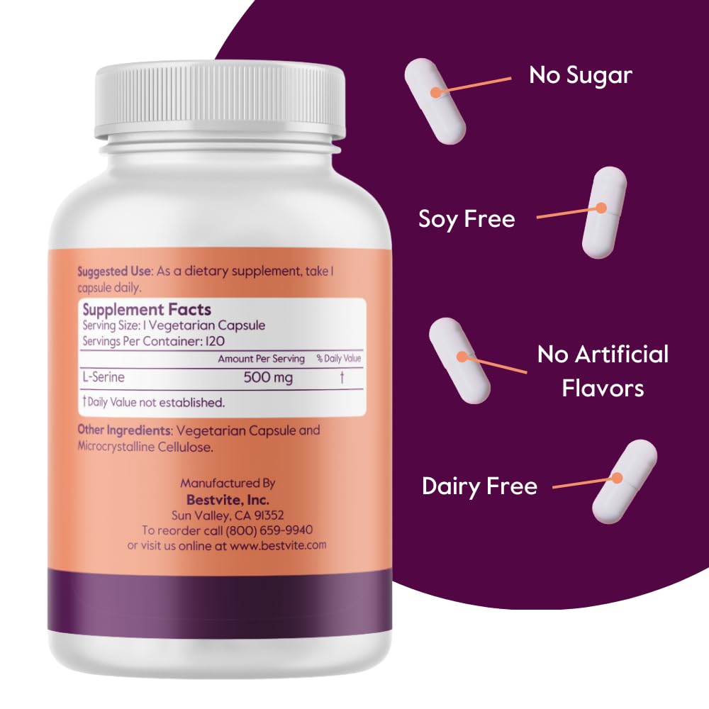 BESTVITE L-Serine 500mg (120 Vegetarian Capsules) - No Stearates - Vegan - Non GMO - Gluten Free