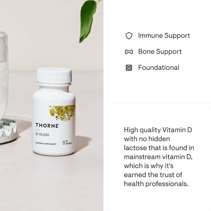 THORNE Vitamin D3 Supplement - Supports Healthy Bones, Teeth Muscles, Cardiovascular & Immune Function* - Gluten, Dairy & Soy-Free - 10,000 IU - 60 Capsules