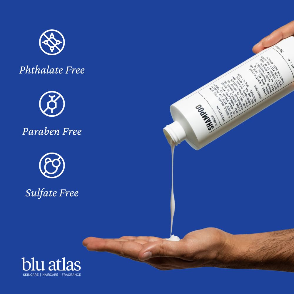Blu Atlas Men's Natural Shampoo – Organic, Sulfate-Free, Paraben-Free – Deep Cleansing & Hydrating – Classic Scent (Bergamot, Sage, Patchouli) – Made in America– 16 oz