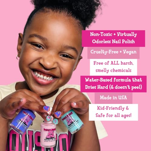 Piggy Paint | 100% Non-Toxic Girls Nail Polish | Safe, Cruelty-free, Vegan, & Low Odor for Kids | All the Heart Eyes (3 Polish + Nail Art Gift Set)
