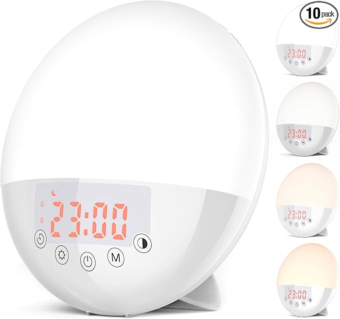 Wake Up Light, 10000 Lux UV Free Sun lamp Sunrise Alarm Clock, Dimmable 5 Brightness & 4 Color Temperatures & Timer, Dual Alarms & Snooze, Sleep Aid with 10 Natural Sounds