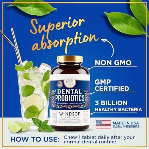 Oral Probiotics for Teeth and Gums - 3BN CFU Lactobacillus Salivarius Acidophilus Rhamnosus Streptococcus - Bad Breath Treatment for Adults - 45 Chewable Mint Dental Probiotic Tablets for Women & Men