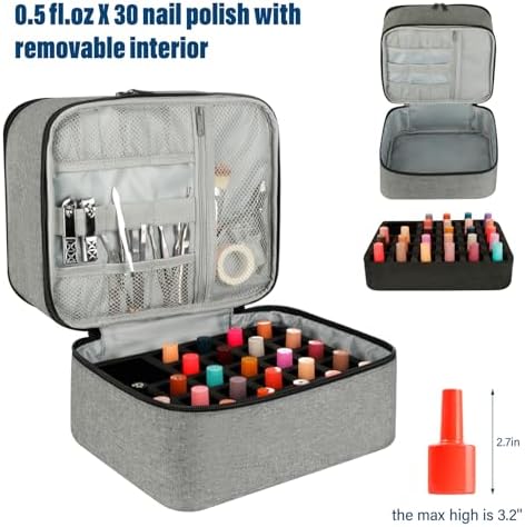 Nail Polish Organizer Bag, Double-Layer Nail Supplies Organizer Holds 30 Bottles & Nail Lamp, Professional Nail Kit Storage Carrying Case (Gray)