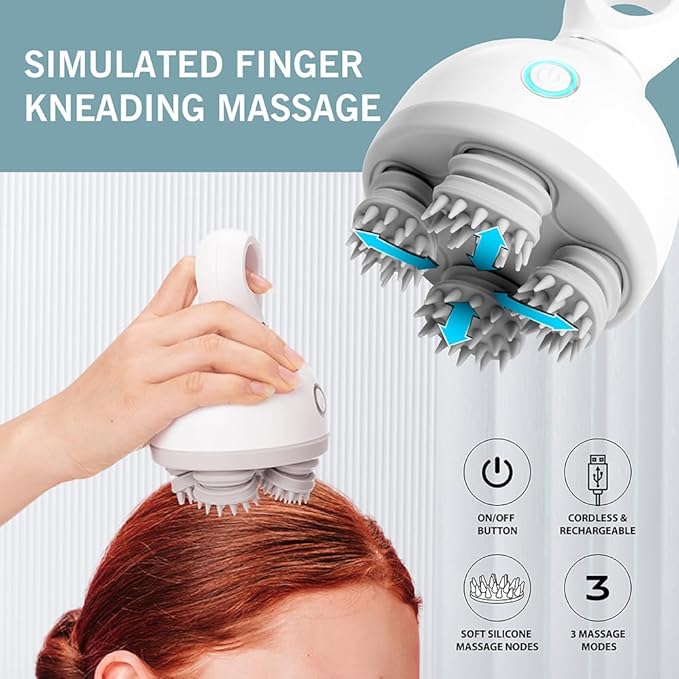 UNCLE SAM Cordless Electric Handheld Scalp Massager with 84 Silicone Massage Heads, Base, and Rechargeable - Automatic Kneading and Relaxation