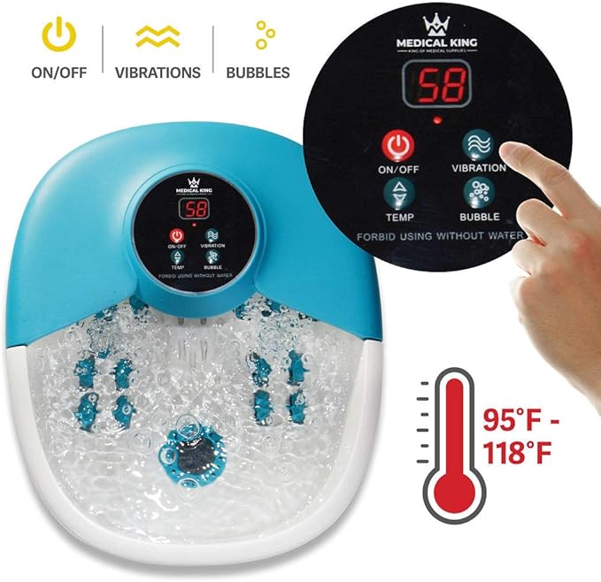 Medical king Foot Spa Massager with Heat, 14 Rollers in Foot Shape - 5 in 1 Foot Bath Massager - Adjustable Heating, Bubbles, Vibration, Pumice Stone, Mini Massage Points