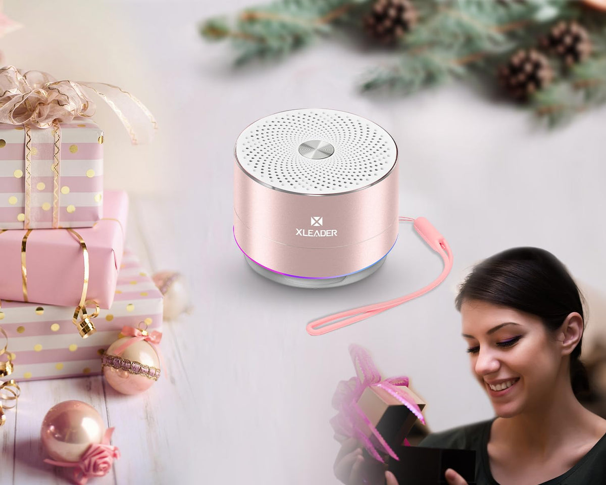 XLEADER Mini Bluetooth Shower Speaker, IPX6 Waterproof Speaker, with RGB Lights, Mic, Portable Silicone Lanyard, Suction Cup, Clear Sound&Rich Bass, 12h Playtime, Small Pink Gifts for Girls Women