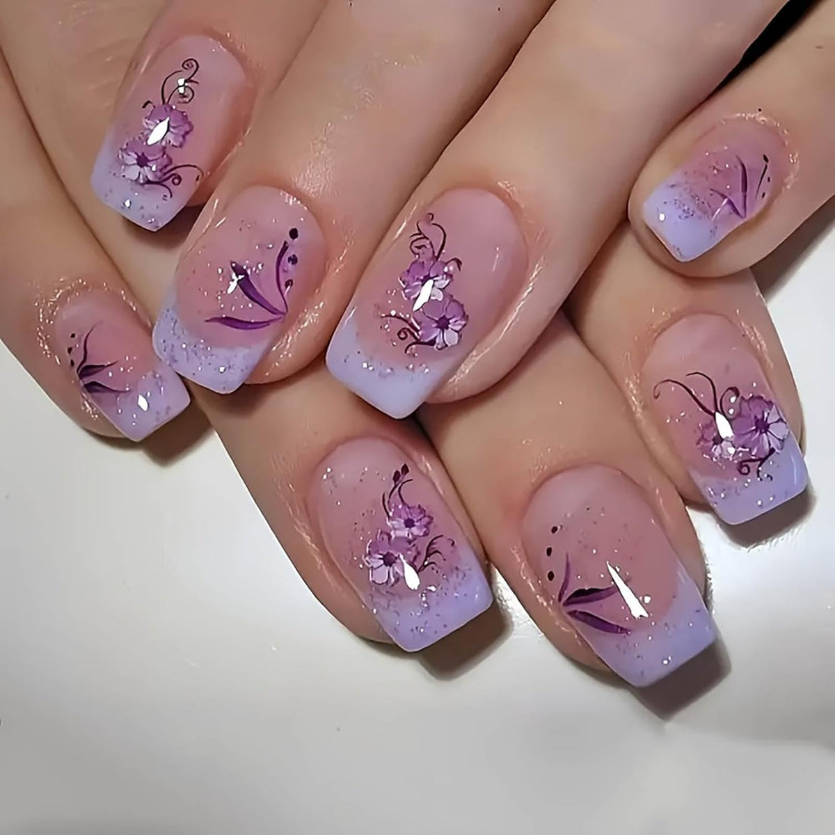 Semi Cured Gel Nail Strips French Tip Gel Nail Strips with Flower Designs Glossy Pink Stickers Wraps Need UV/LED Light Salon Quality & Easy to Use for Women 20 Pcs