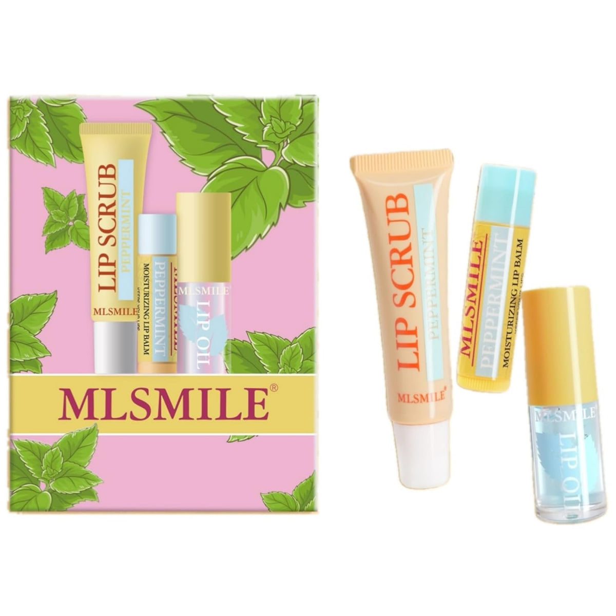 Lip Care Combo 3 pcs Set, Natural Kissers Scrub, Balm Moisturizing Oil, Vitamin E Moisturizing Treatment Overnight Treatment for Dry Chapped Lips, Nourishing Skincare Gift (04, PEPPERMINT)