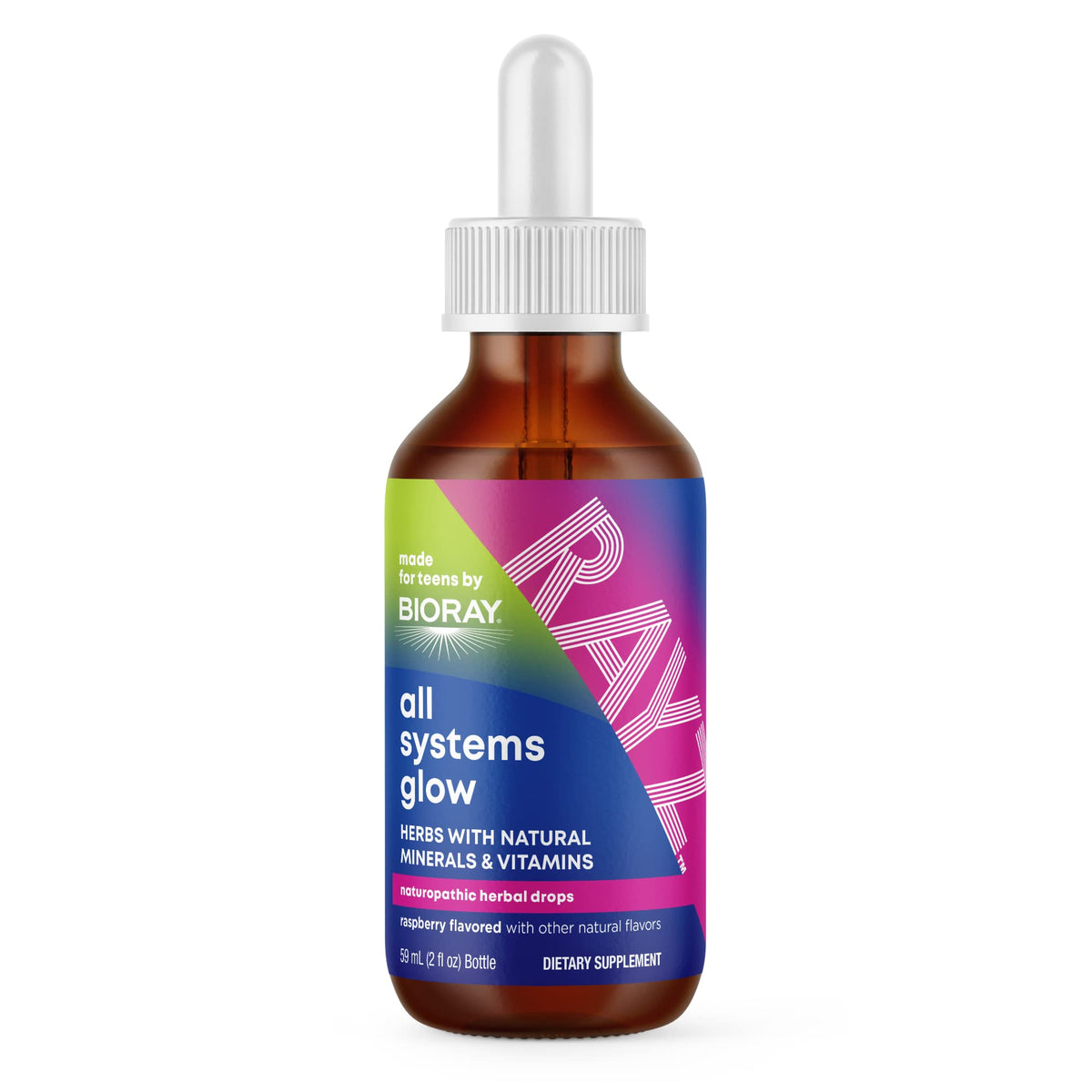 BIORAY RAYZ All Systems Glow, Raspberry Flavor - 2 fl oz - Convenient Source of Vitamins & Minerals for Teens 12-18 Years Old