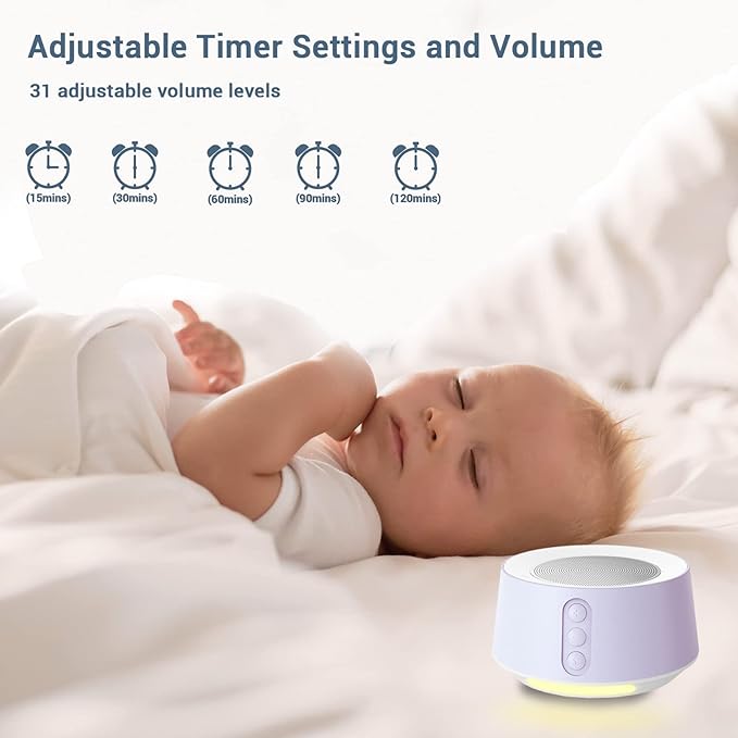BGOVERSS White Noise Machine with 14 Soothing Sounds and 10 Levels Night Light for Sleeping, 5 Timers and Memory Feature - Plug in Sound Machine for Nursery, Baby, Kids, Adults - Light Purple
